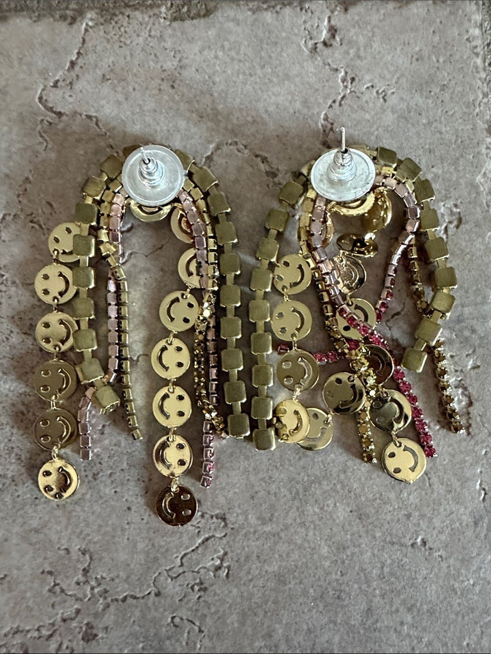 Feed Me Gems Gold Smiley Drop Earrings with Pink Crystal Fringe - Picture 2 of 2